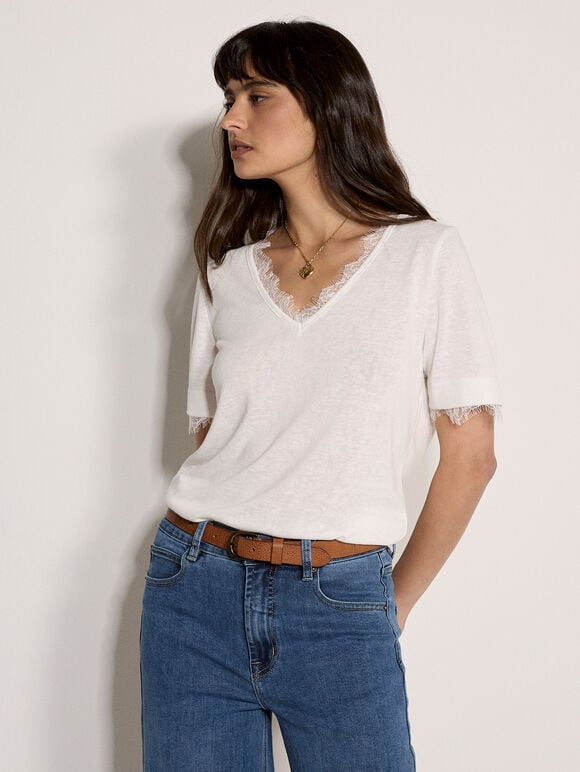 Slub Jersey Eyelash Lace T-Shirt, Cream, large