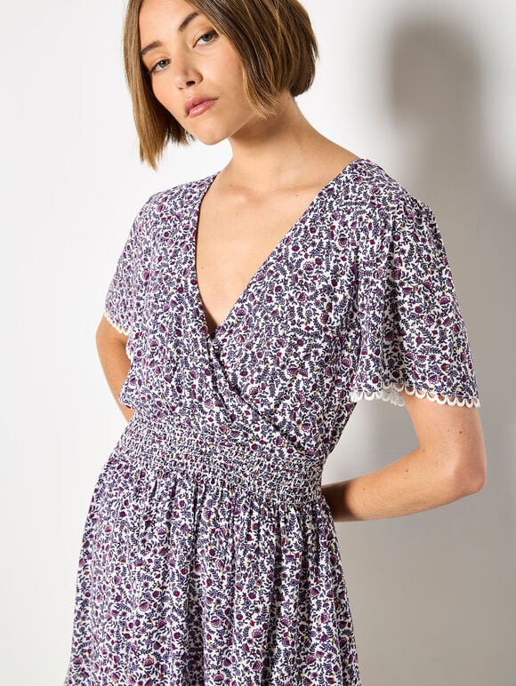 Ditsy Floral Gold Foil Mini Dress, Purple, large