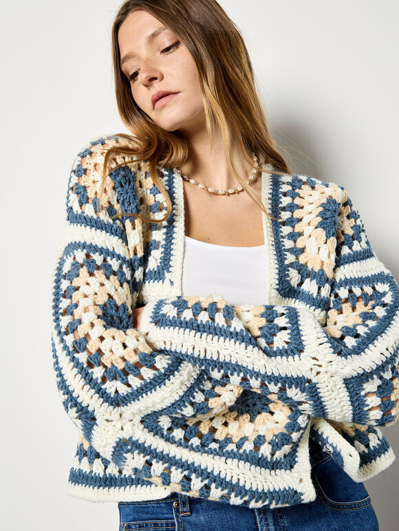Hand-Knit Crochet Squares Cardigan, Cream, large