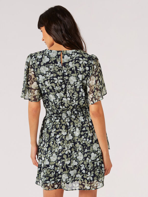 Watercolour Rose Tiered Mini Dress, Navy, large