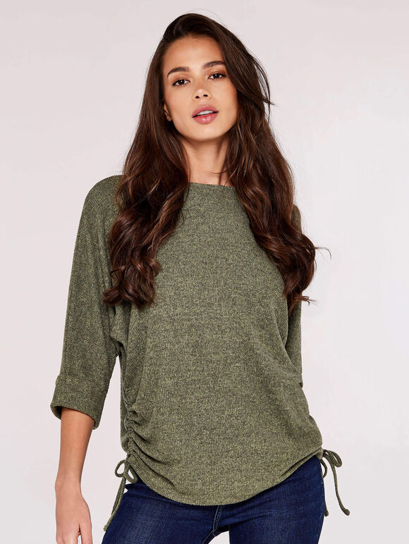 Soft Touch Drawstring Batwing Top, Khaki, large