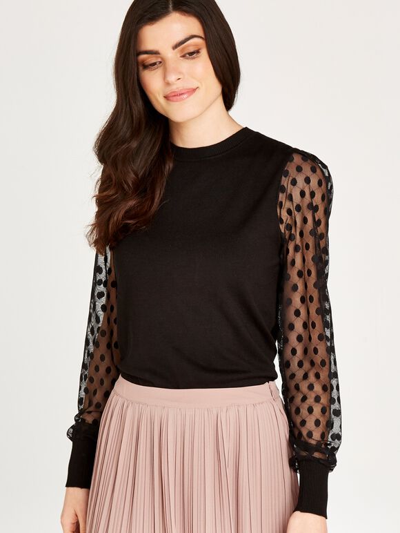 Polka Dot Mesh Sleeve Knit Jumper, Black, large