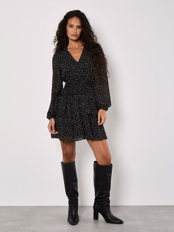 Spot Print Chiffon Mini Dress, Black, large