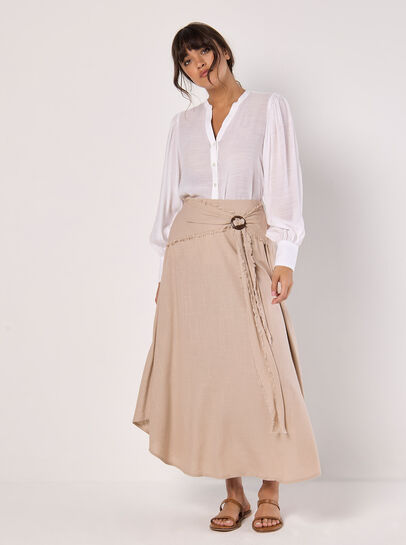 Linen Blend Hanky Hem Midi Skirt