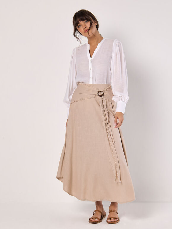 Linen Blend Hanky Hem Midi Skirt, Stone, large