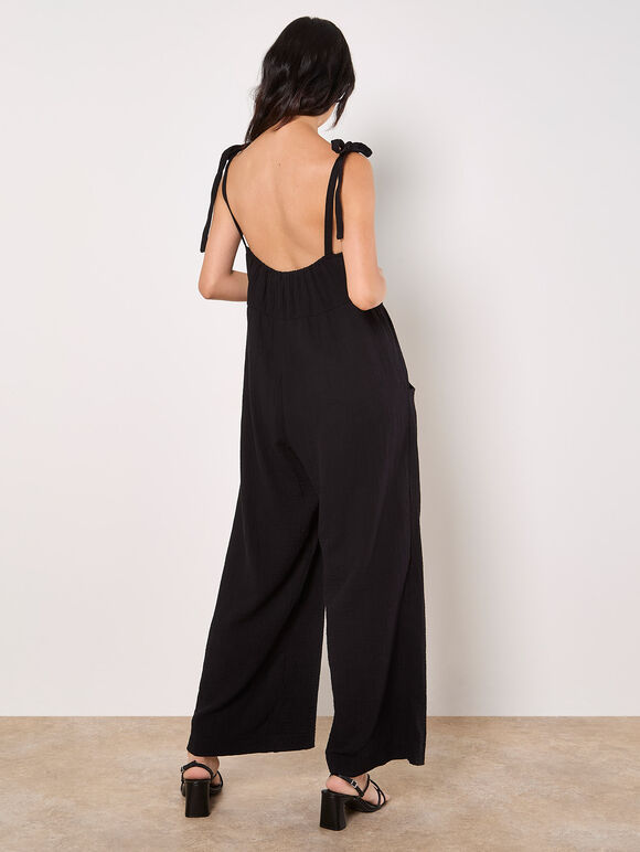 Textured Cotton Wide Leg Jumpsuit, Black, large
