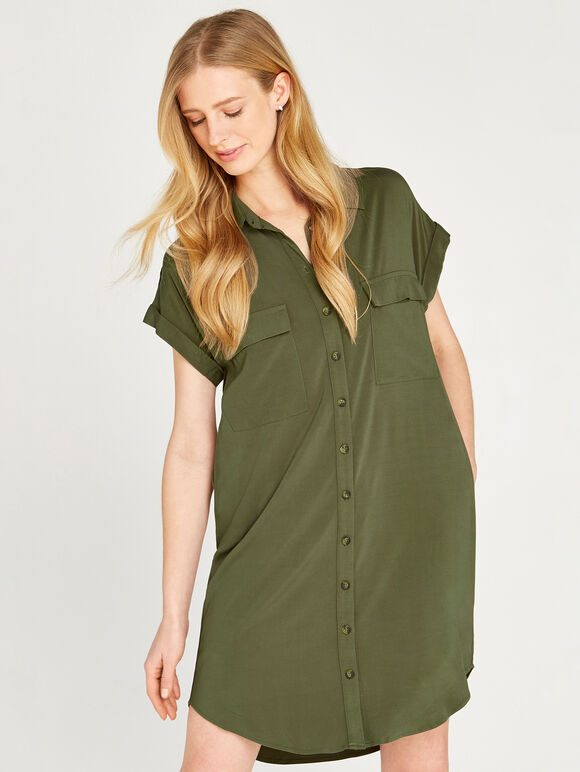 Sleeveless Utility Shirt Dress, Khaki, large