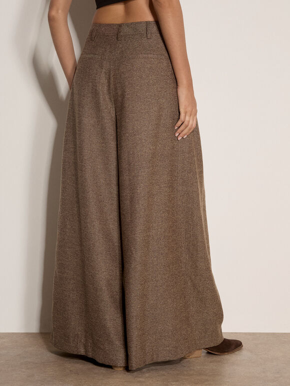 Herringbone Tweed Wide-Leg Trousers, Brown, large