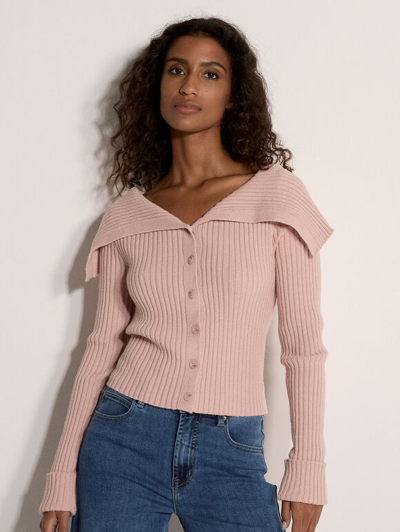 Wide Collar Ribbed Knit Cardigan, Pink, large