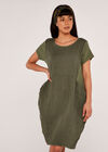 Linen Cocoon Round Neck Dress, Khaki, large