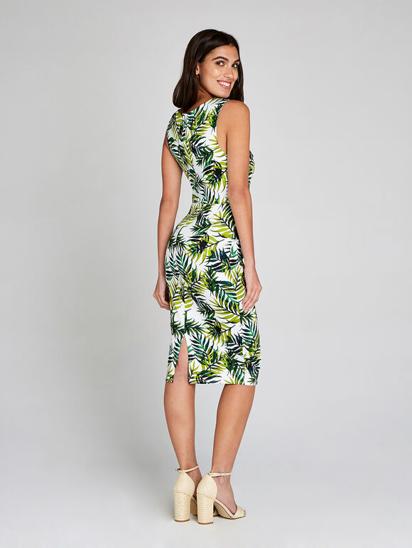 Palm Leaves Ruched Bodycon Dress, Green, large