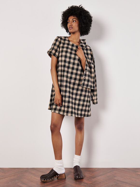 Check Print Swing Mini Dress, Black, large