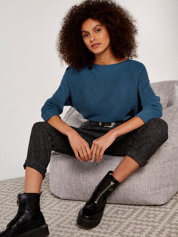 Boat Neck Ribbed Jumper, Blue, large