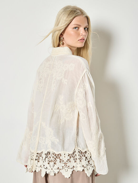 Embroidered Mesh Lace Oversized Shirt, Stone, large