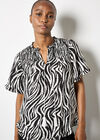 Zebra Swirl Tassel Tie Ruffle Top, Black, large