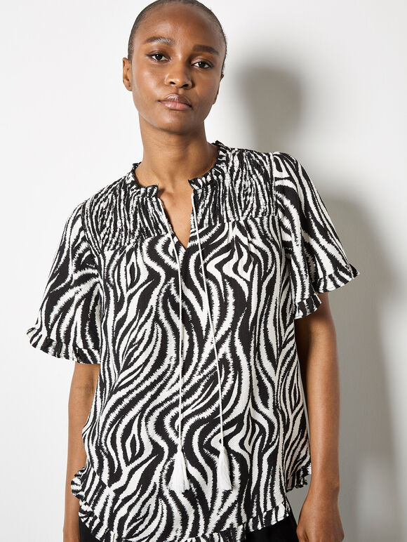 Zebra Swirl Tassel Tie Ruffle Top, Black, large