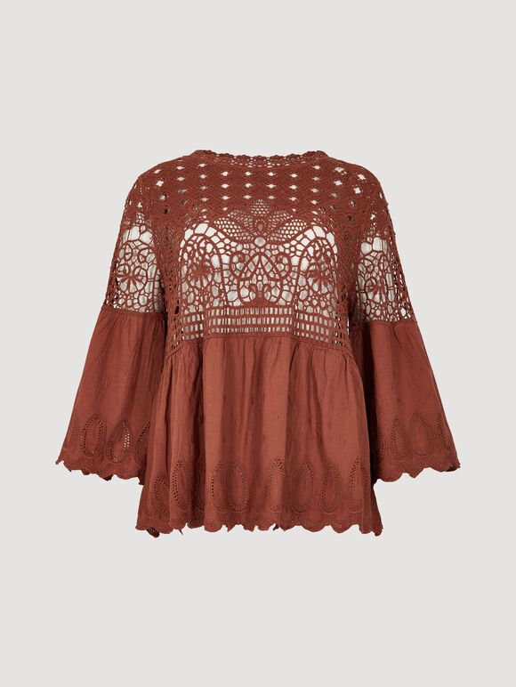 Crochet Lace Cotton Top, Rust, large