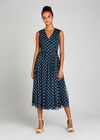 Navy Polkadot Mesh Ribbon Tie Midi Dress, Navy, large
