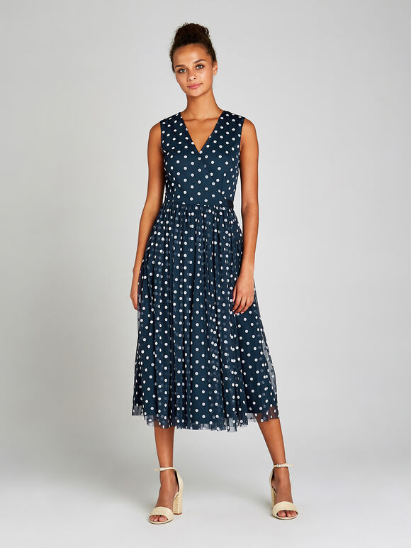 Navy Polkadot Mesh Ribbon Tie Midi Dress, Navy, large