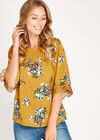 Yellow Floral Ruffle Sleeve Top, Mustard, large