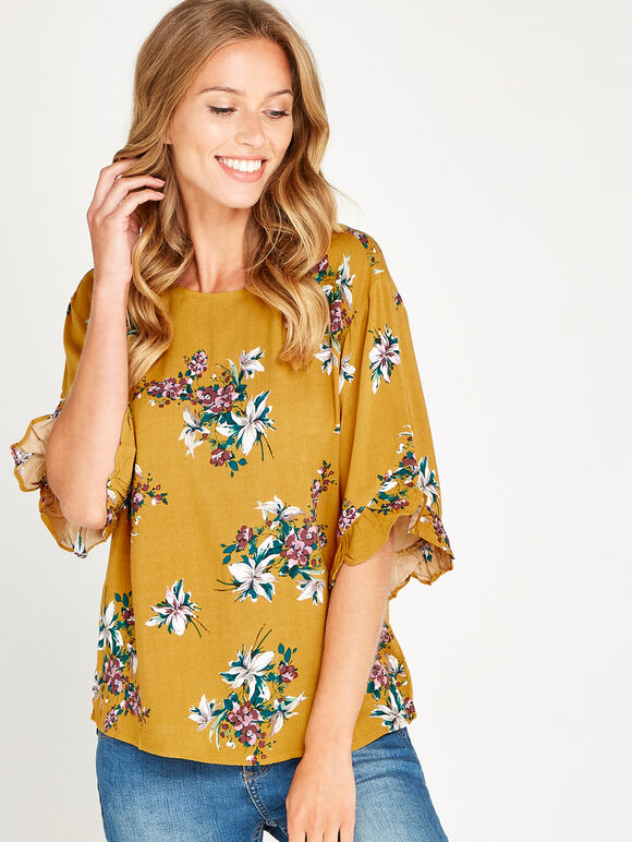 Yellow Floral Ruffle Sleeve Top, Mustard, large
