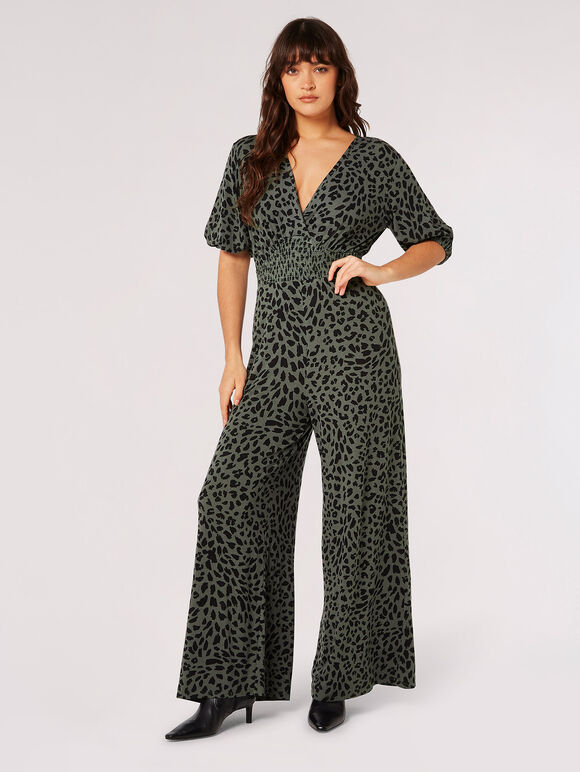 Cheetah Print Jersey Jumpsuit, Khaki, large