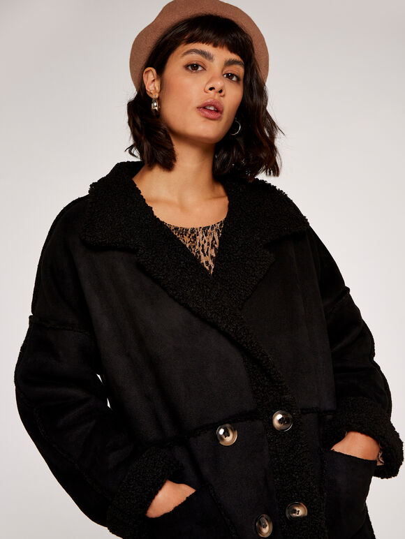 Aviator Soft Trim Suedette Coat, Black, large