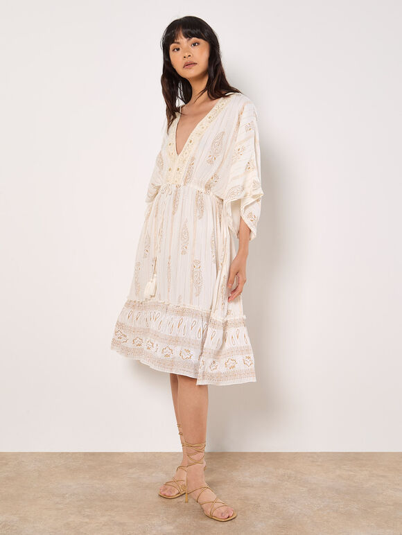 Gold Foil Paisley Midi Dress, Cream, large