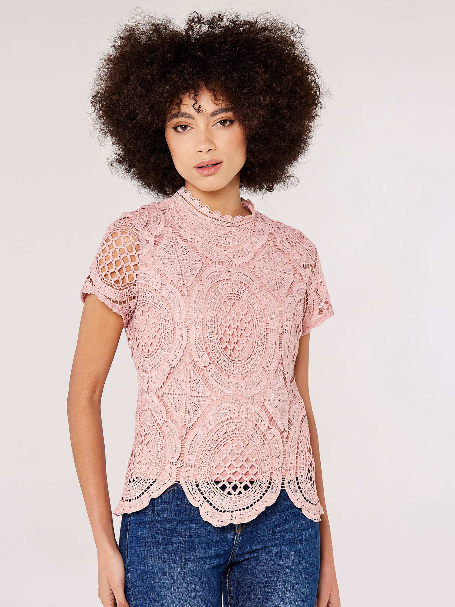 High Neck Lace Top Apricot Clothing