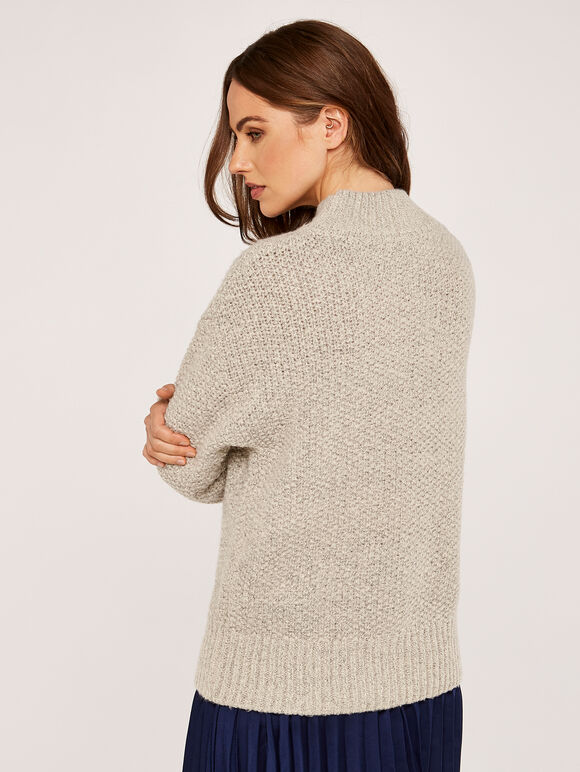 Cable Knit Mock Neck Jumper, Stone, large