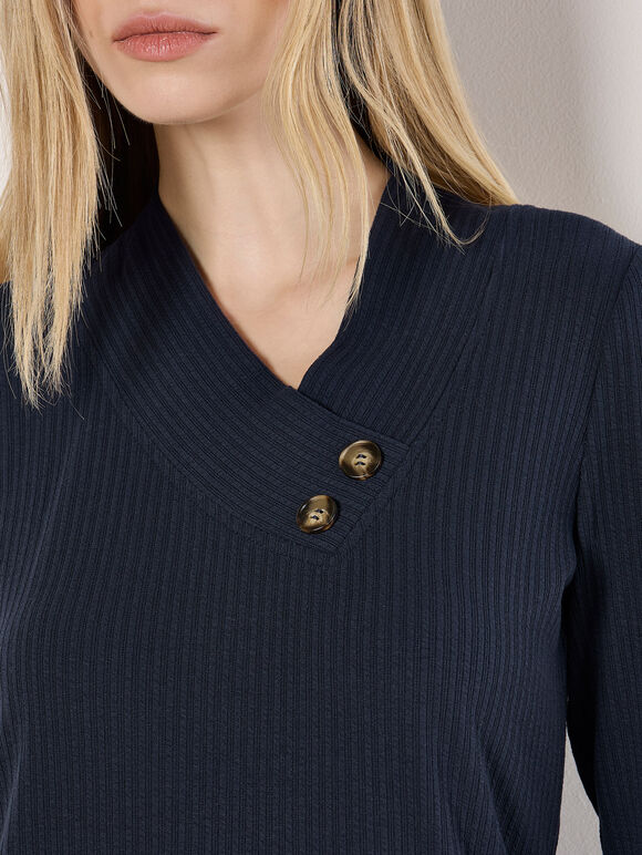 Wrap Hem Ribbed Tunic Top, Navy, large