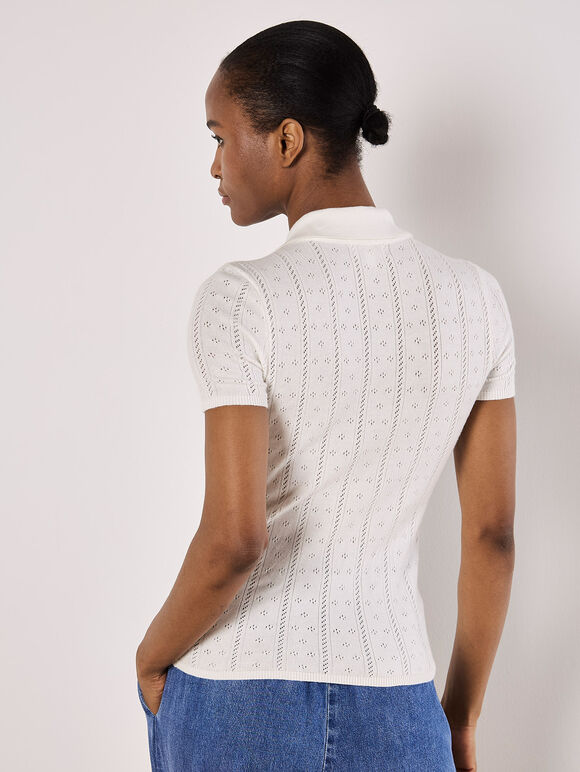 Pointelle Knit Polo T-Shirt, Cream, large