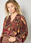 Patchwork Print Ruffle Blouse, Burgundy, large