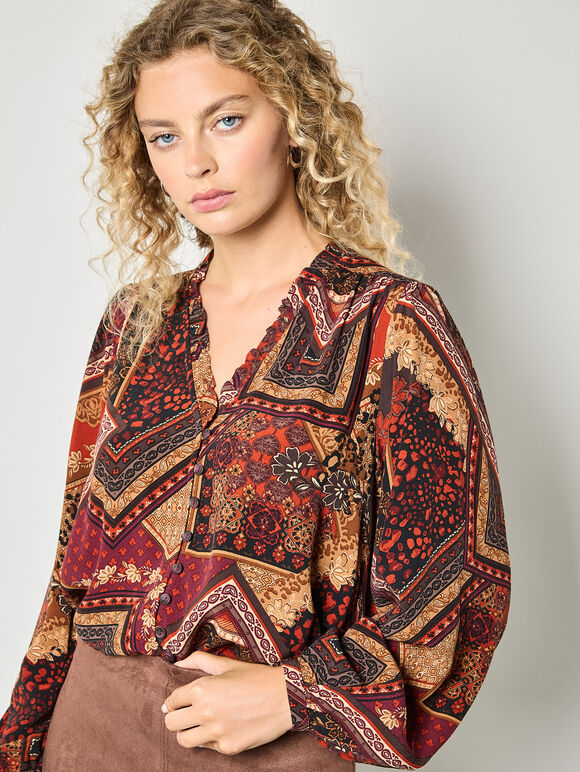 Patchwork Print Ruffle Blouse, Burgundy, large