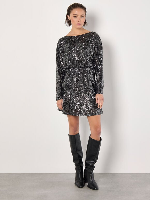 Cowl Back Sequin Mini Dress, Grey, large