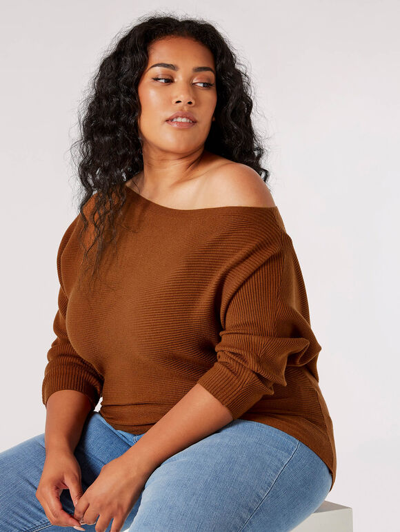 Curve Off Shoulder Ribbed Jumper, Rust, large