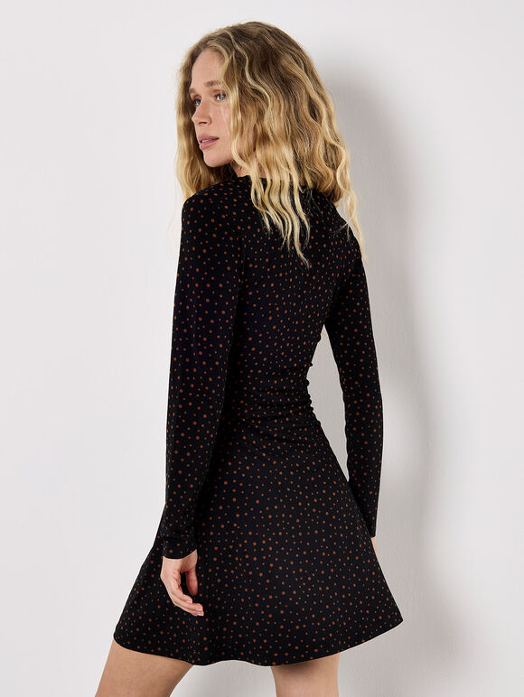 Polka Dot Wrap Ruched Mini Dress, Black, large