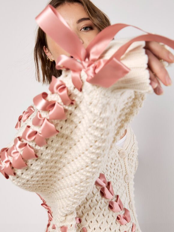 Chunky Knit Cropped Bow Cardigan, Stone, large
