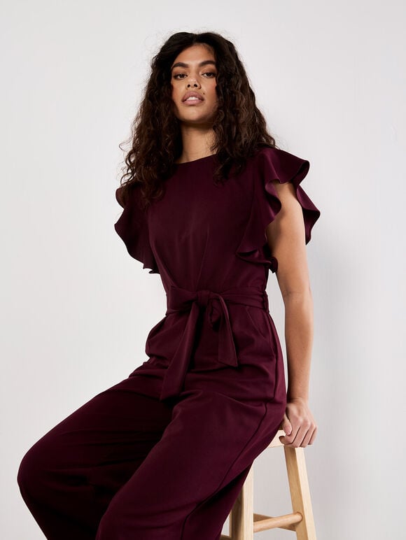 Ruffle Sleeve Jersey Jumpsuit, Burgundy, large