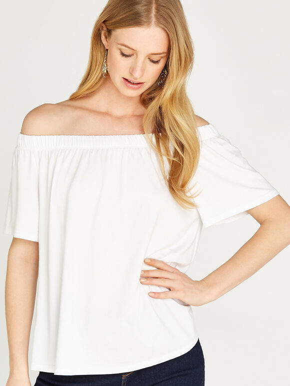 Elasticated Bardot Jersey Top, White, large