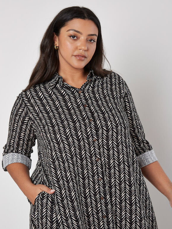 Chevron High-Low Shirt Mini Dress, Black, large