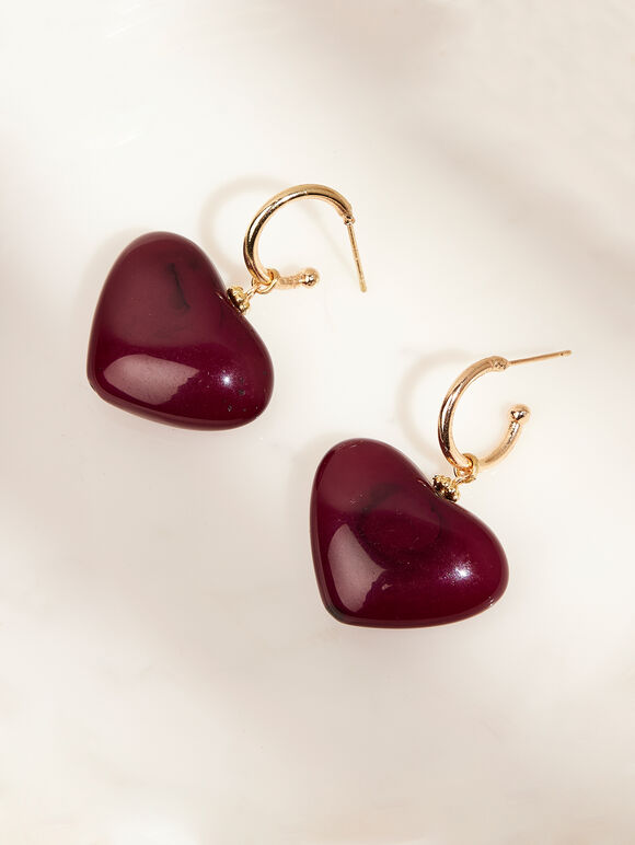Gold Tone Heart Hoop Earrings, Brown, large
