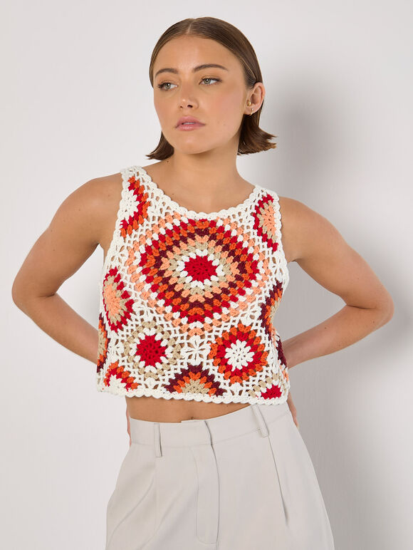 Diamond Crochet Crop Vest Top, Red, large