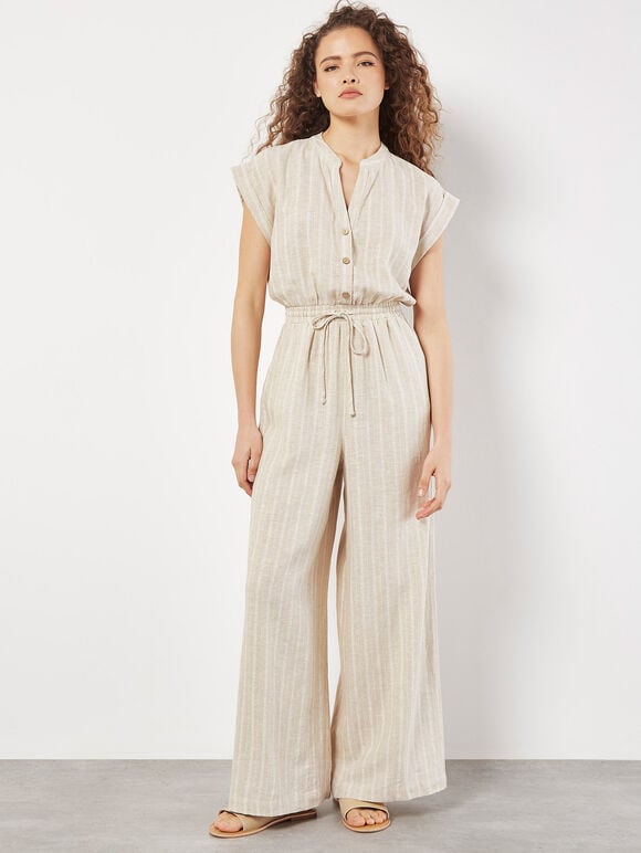 Stripe Woven Palazzo Jumpsuit, Stone, large