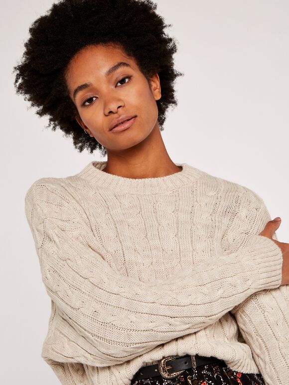 Aran Crop Jumper, Stone, large