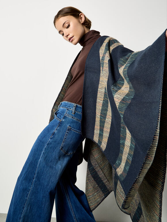 Bold Stripe Blanket Cape, Blue, large