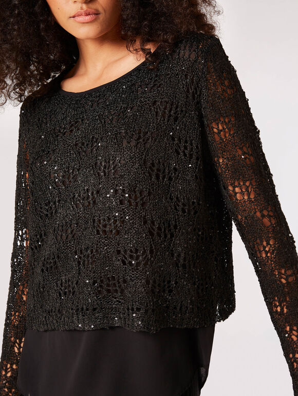 Sequin Chiffon Layered Knit Top, Black, large