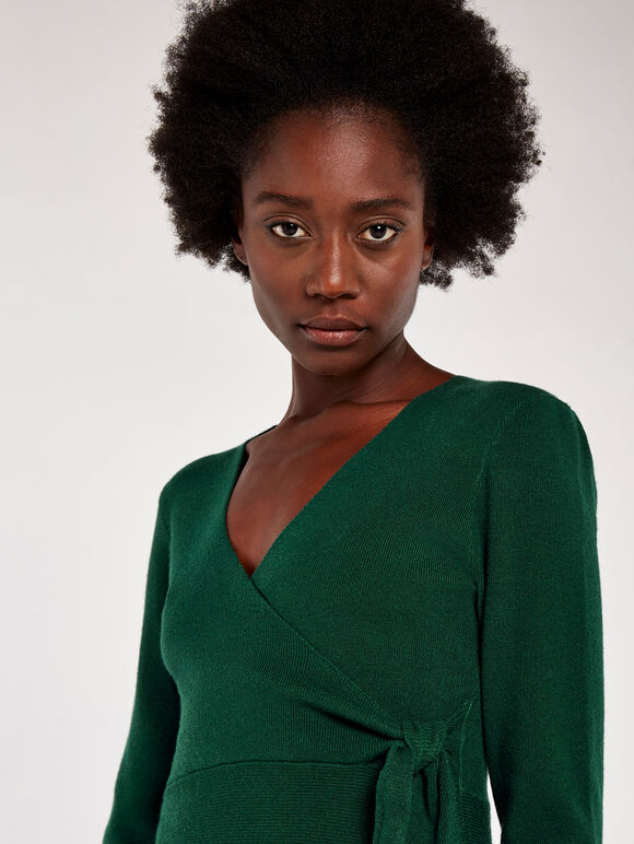 Knit Faux Wrap Ruffle Hem Dress, Green, large