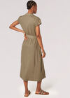 Linen Blend Belted Shirt Midi Dress, Khaki, large