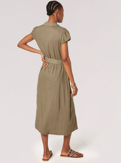 Linen Blend Belted Shirt Midi Dress